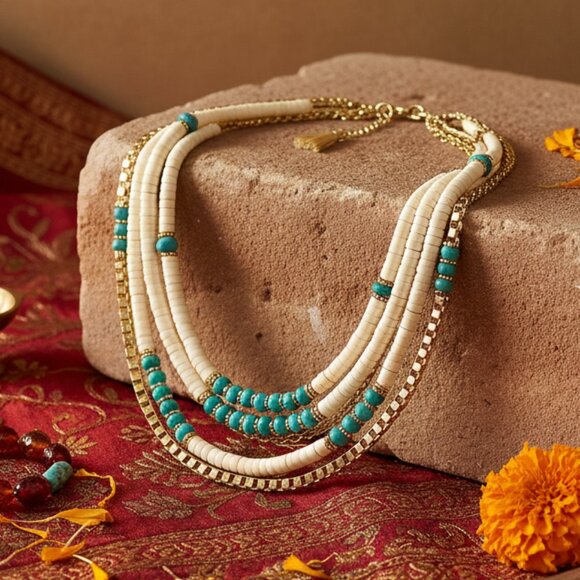 🆕️Handcrafted Boho Chic Beaded Antique Gold Artisanal Ethnic Layered Necklace - Picture 7 of 9